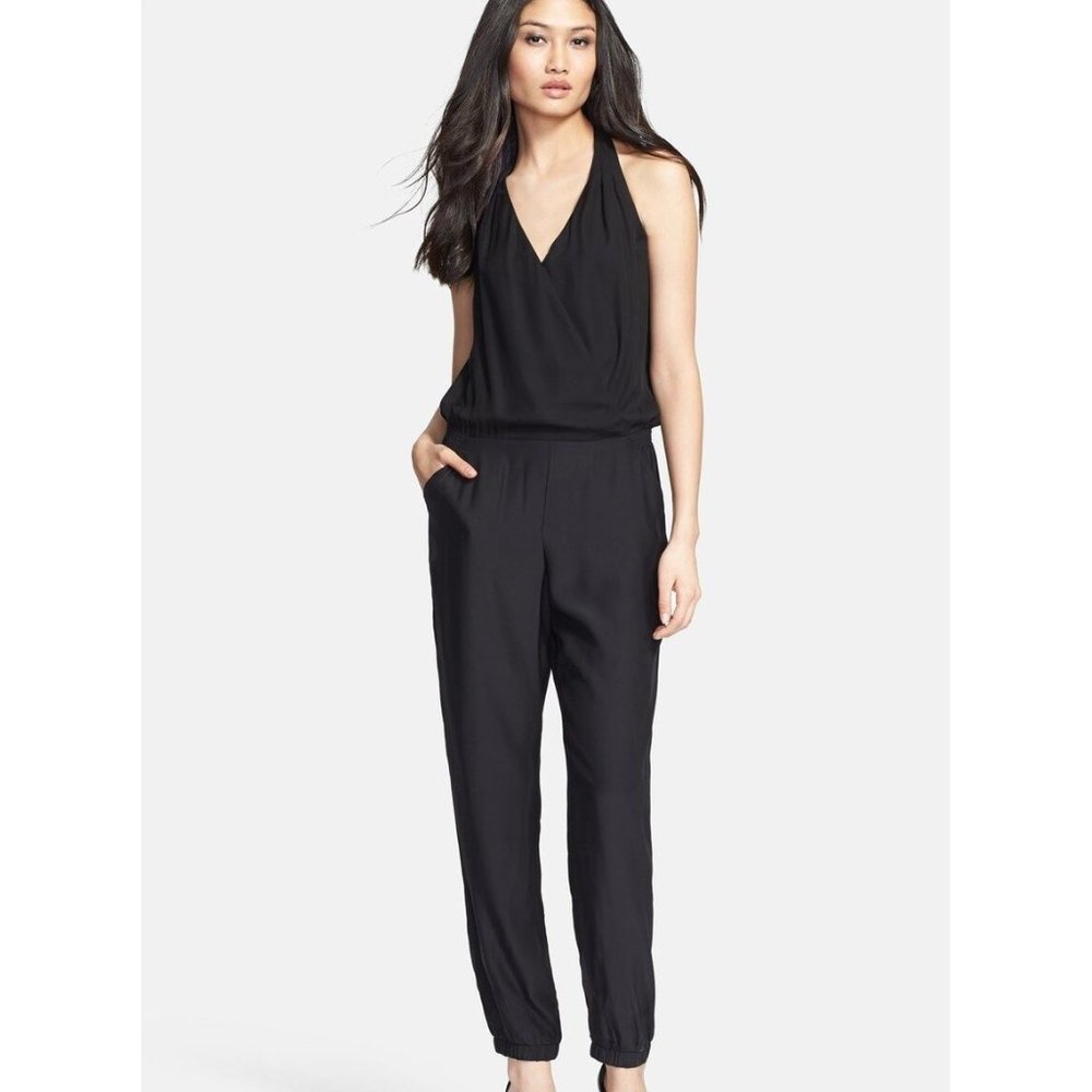 CELEBS!! $300 PARKER 'Leroy' Silk Jumpsuit Romper BLACK HALTER (L) 8-10 HOT!